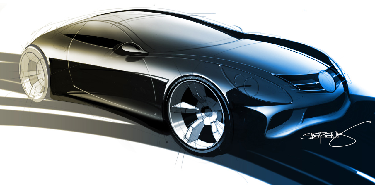 Hand drawn illustration of a black two door Mercedes Benz sports coupe over a white background