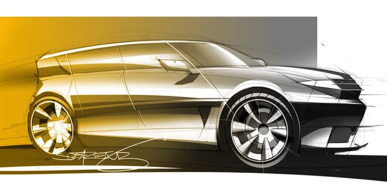 A hand-drawn rendering of a mid-size SUV created in Sketchbook Pro and Photoshop