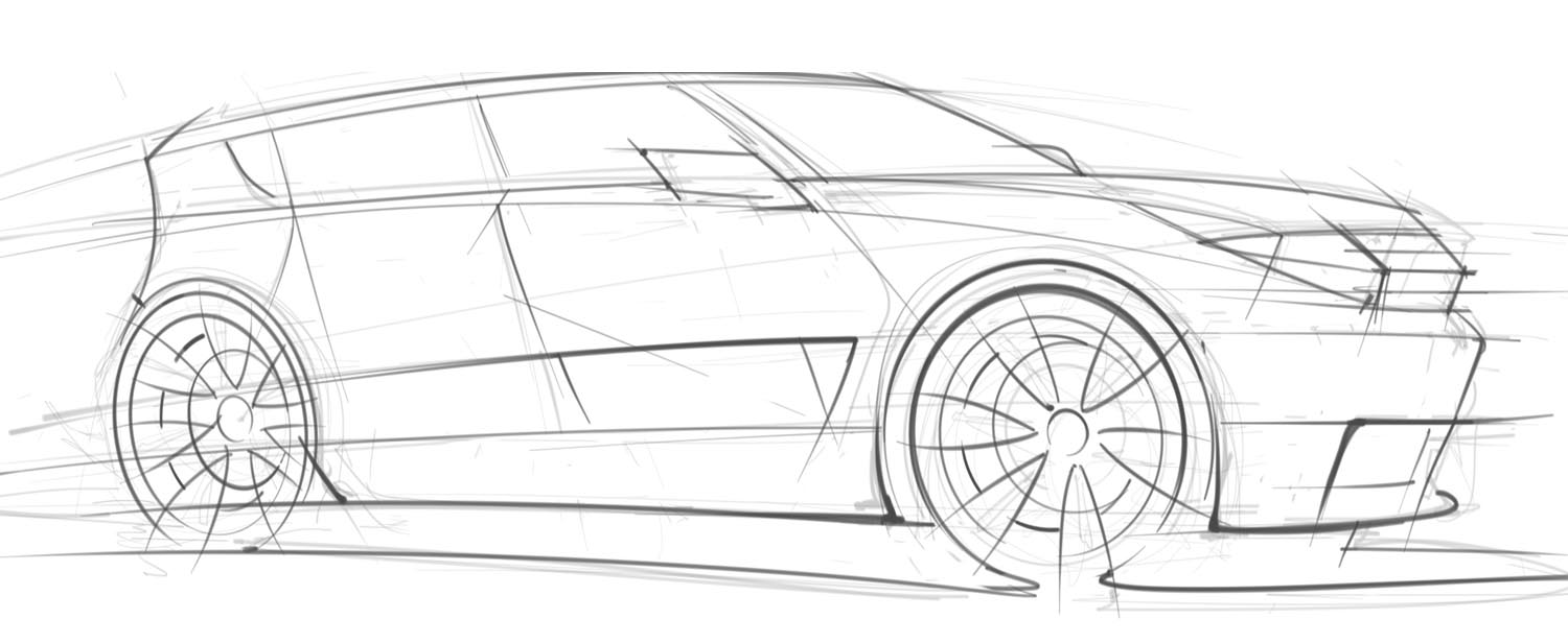 A hand-drawn sketch of a mid-size SUV concept created in Sketchbook Pro and Photoshop