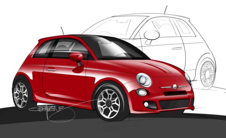 Hand drawn illustration of a red 2012 Fiat 500