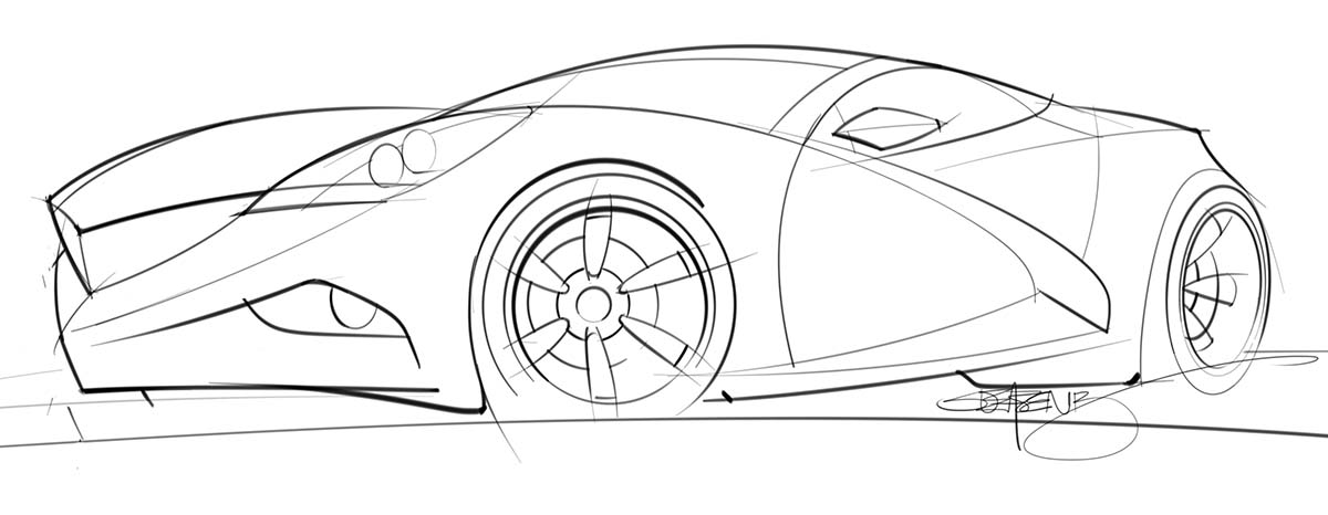 Hand drawn sketch of a next generation Ford Mustang concept