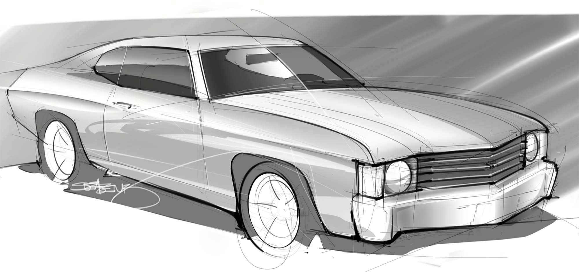 Hand drawn pencil sketch of a 1972 Cheverolet Chevelle