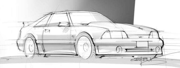 A quick hand drawn black and white pencil sketch of a 1988 Ford Mustang GT