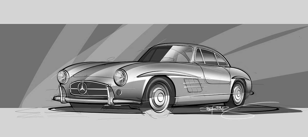 Grayscale rendering of a Mercedes-Benz 300 SL