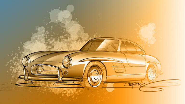 Mercedes Benz 300sl rendering and sketch