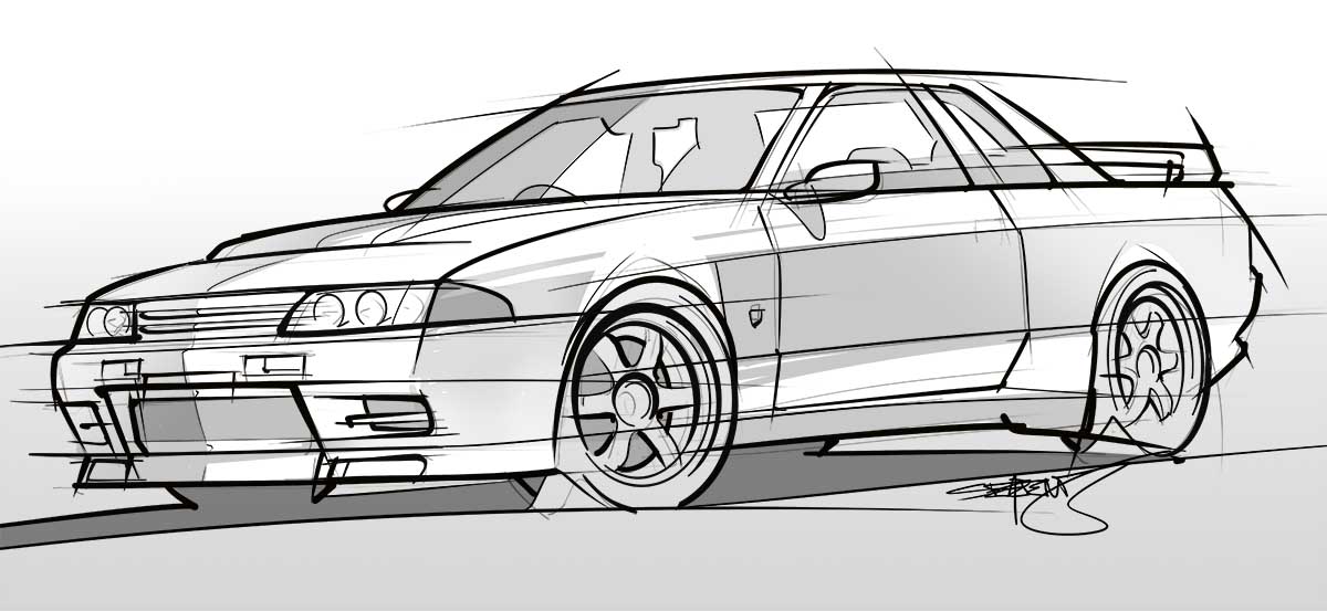 Hand drawn black and white sketch of a Nissan R32 GT-R